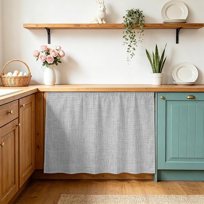 Cabinet Curtains 11x13inch Sink Skirt, Modern Minimalist Gray Desk Skirt for Kitchen Bathroom Shelves, Country Linen Style Privacy Cabinet Curtain Self Stick Adhesive Under Sink Skirts