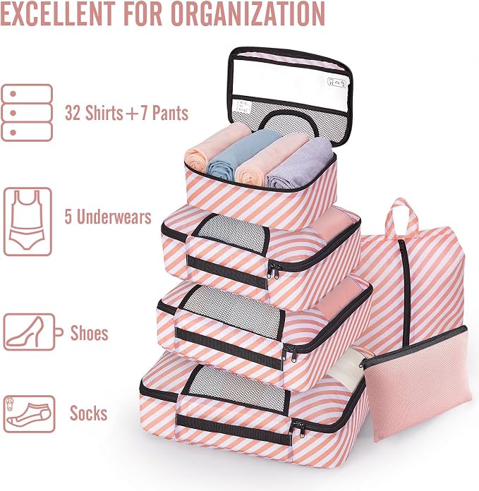 Veken 8 Set Packing Cubes for Travel Essentials, Pink Suitcase Organizer Bags in 4 Sizes, Carry-On Luggage Accessories with Large Laundry & Hanging Toiletry Bag, Must-Have for Airplane, Road Trip
