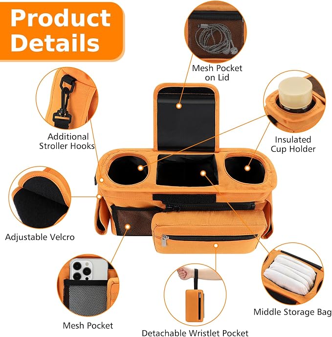 Accmor Universal Stroller Organizer with Insulated Cup Holder Detachable Phone Bag and Shoulder Strap,Stroller Bag Caddy Organizer for Uppababy, Baby Jogger, Britax Strollers