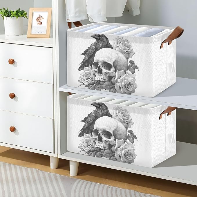 Crow Roses and Gothic Skull Storage Basket Foldable Cube Storage Bins with Handles&Label Waterproof Collapsible Organizer Box Bin Large Rectangle Decorative Baskets for Shelves Home Room Laundry, 2 PC