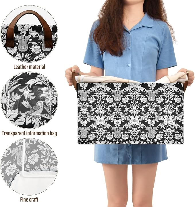 Black and White Cottage Floral Birds Storage Bins for Shelves with Labels&Handles Fabric Organizer Bin Foldable Rectangle Storage Basket Boxes for Closet, Bathroom, Home, Living Room