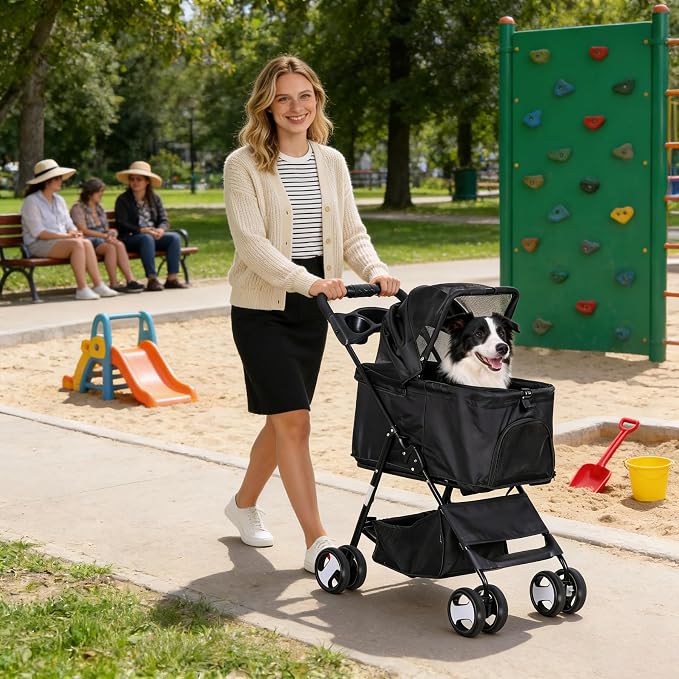 4 Wheels Foldable Pet Dog Cat Jogger Stroller Travel Carrier Strolling Cart w/Waterproof Cover Storage Basket Cup Holder & Detachable Carrier for Medium Small Cat Dog, Black