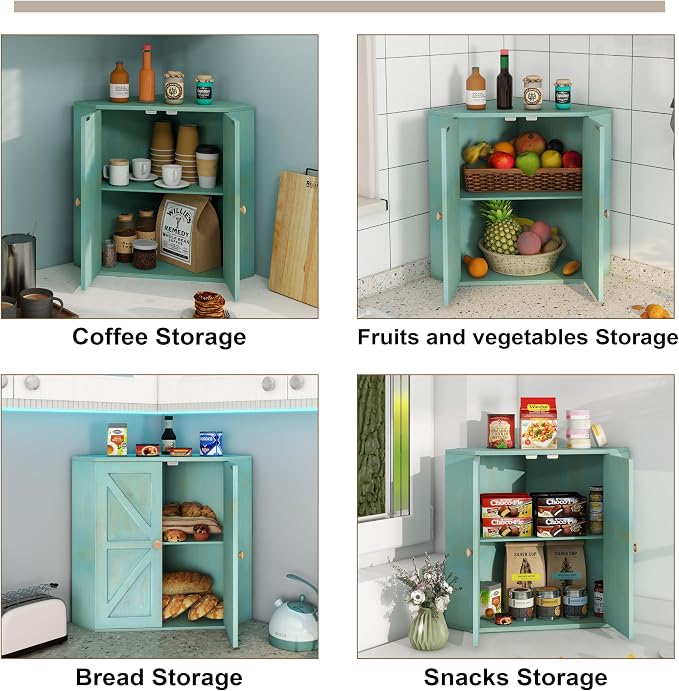 Trironsun Corner Bread Box for Kitchen Counter Double Layer Bamboo Bread Storage Container Large Capacity Bread Storage Bin Farmhouse Breadbox Organizer (Antique Blue)
