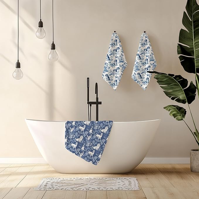 Chinoiserie Cavalier King Charles Spaniel Kitchen Towels Set of 2,Blue and White Floral Cavalier Spaniel Decorative Hand Towels,Grandmillennial Dog Hand Towels for Kitchen Bathroom,16x24 Inch