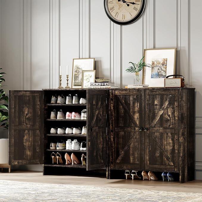 VINGLI Shoe Cabinet with Doors,5 Tier Dark Rustic Oak Wooden Shoe Storage Cabinet for Entryway with Double Barn Doors, Adjustable Shelves, 36.4" Tall Farmhouse Shoe Rack Organizer for Entryway