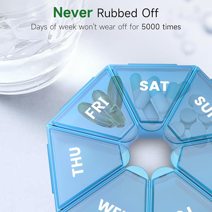 Weekly Pill Organizer, 2 Pack Portable Travel Pill Box, 7 Day Pill Case | Easy Open, BPA-Free, Arthritis Friendly Medicine Pill Container, Medicine Case for Vitamins,Supplements Medications, Blue