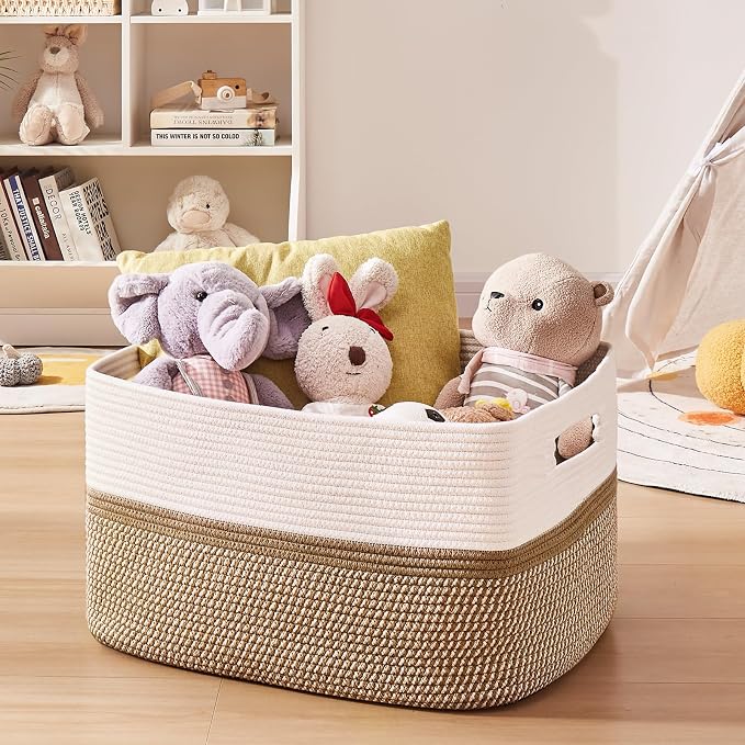 OIAHOMY Blanket Basket Laundry Basket Dog Toy Basket 75L Yellow/White | Large Storage Basket,Baby Basket,Toy Storage,Woven Rope Basket for Blankets,Blanket Storage for Living Room