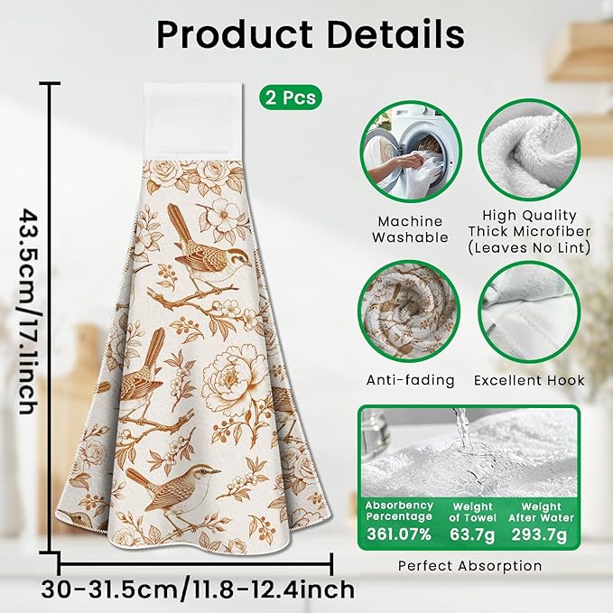 CUTHOLLOW Orange Flower and Bird Hanging Kitchen Towels with Loop, Set of 2 - Soft & Super Absorbent Microfiber Decorative Hanging Dish & Hand Towel, Tea Coffee Towel for Kitchen Bathroom Oven Handle