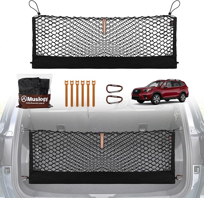 Muslogy Cargo Net for 2020-2024 Subaru Forester Accessories | Custom Fit, Trunk Storage Organizer Net for SUV Sedan Van Divider, with Heavy Duty Carabiners, Night Visible Grab Handle