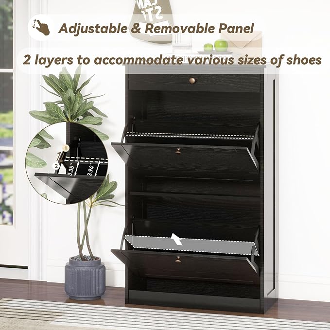 Shoe Storage Cabinet with 2 Flip Drawers, Shoe Cabinet Organizer, Black | Freestanding Hidden Shoe Rack Cabinet with Door, Pet-Proof Shoe Cabinet Storage for Entryway Living Room Behind The Door