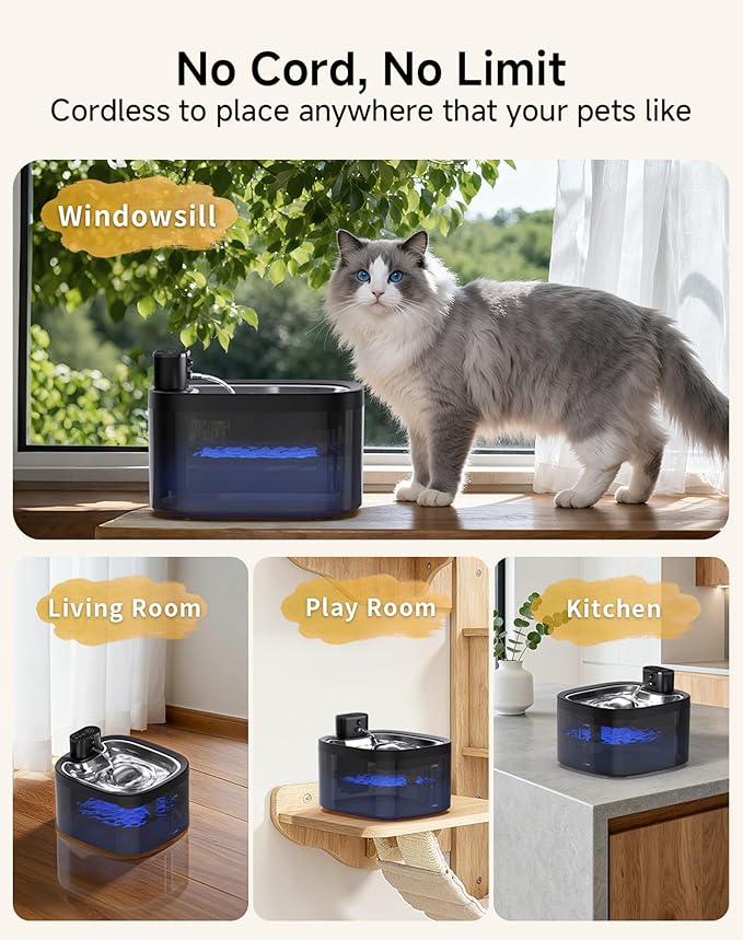 Cat Water Fountain Cordless: Battery Operated 118oz/3.5L Pet Water Fountain for Cats Indoor with Motion Sensor, Cat Drinking Fountains with Stainless Steel Tray, Ultra Quiet, Easy-to-Clean