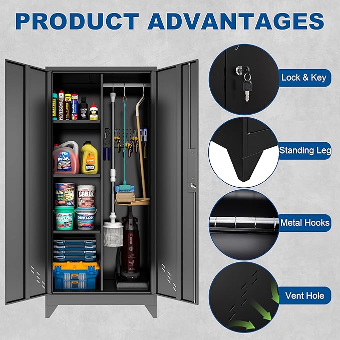 Metal Garage Storage Cabinets with Lock, Cabinet with Pegboard & Hanging Rod, Broom Closet Storage Cabinets, Black Lockable Steel Tool Cabinet for Home,Garage,Utility Room