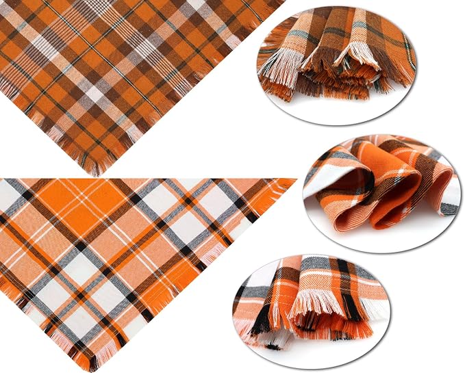 Fall Dog Bandanas 2PCS Small Orange Plaid Pet Scarf Tassels | Fall plaid dog bandanas with tassels,perfect for Halloween,Thanksgiving parties,photo shoots.Fits small dogs & cats.