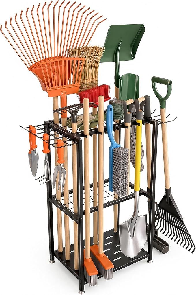 Faesun Garden Tool Organizer, 3-Tier Metal Yard Tool Rack with 14 Hooks & 5 Slots, Holds 50+ Rakes/Shovels/Brooms, Heavy Duty Freestanding Lawn Tool Storage for Garage Shed Outdoor Organization