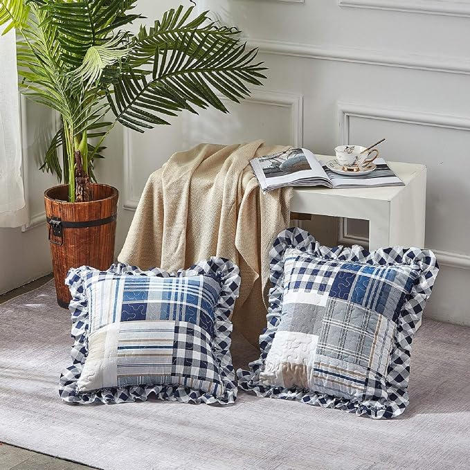 Brilliant Sunshine Multi Blue Plaids & Stripes Ruffle Shams Set, 18"x18" | Patchwork Design with Ruffles, Quilted Pillow Covers, Washable Throw Cushion Cases for Couchs and Beds, Pack of 2