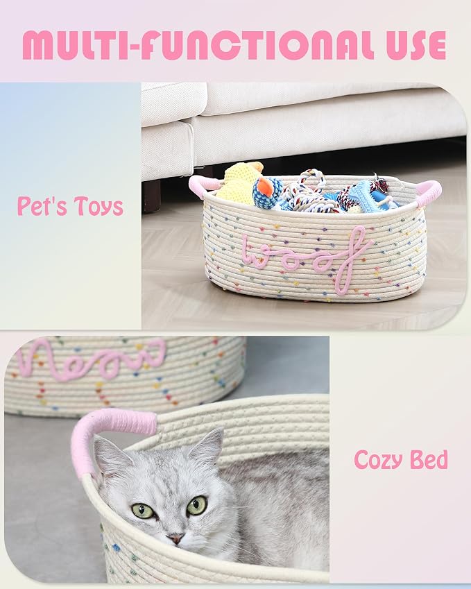Sea Team Dog Toy Storage Basket with Handles, Rainbow Woof | Large Cotton Rope Storage Bin, Shelf Basket, Organizer for Pet Chew Toys, Foods, 16.5 x 11 x 7 Inches, 4.4 Gallons