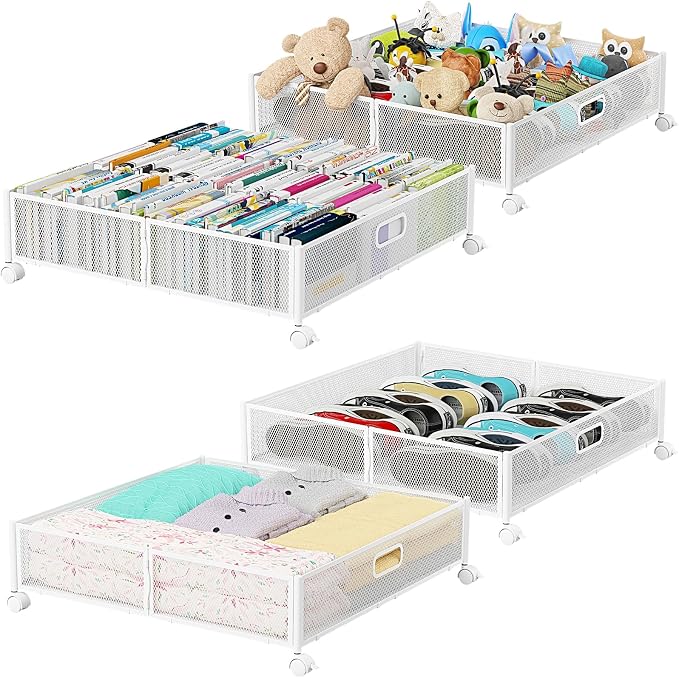 Under Bed Storage with Wheels & Handle,Metal,Large,4 Pack,White | Tool-free assembly,glide smoothly,easy reach,foldable,maxmazie low-profile beds,dorm,keep seasonal clothes,shoes,sockes fresh