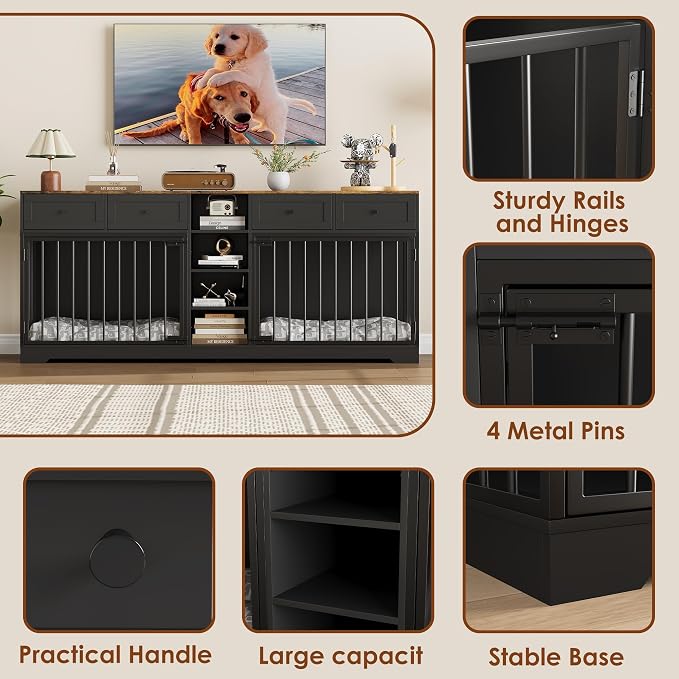 Dog Crate Furniture for 2 Dogs, Double Dog Crate TV Stand, Black | 82" Large Dog Kennel Indoor with 4 Storage Drawers and 4 Shelves, Suitable for Small, Medium and Large Dogs