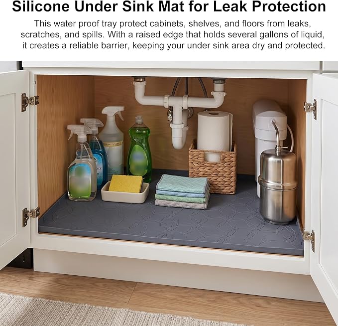Silicone Under Sink Mat for Kitchen 22 x 34in, Cabinet Organizer Sink Drip Tray, Liner Pad for Bathroom Pet Feeding Shelf and Cabinet Liner Coffee Bar