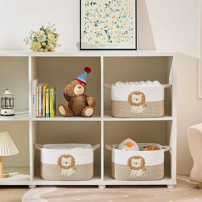 Storage Basket, Woven Baskets for Shelves, Lion | 3 Pack Boho Cotton Rope Storage Baskets, 14" x 9" x 8", Home Organizer for Nursery, Holds Toys, Books & Towels