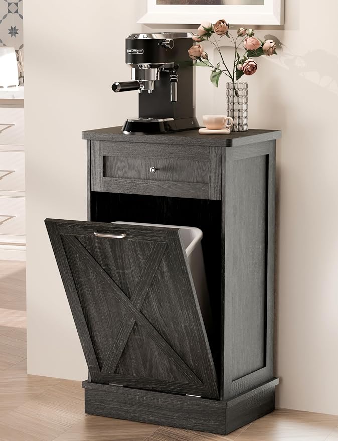 TOLEAD 10 Gallon Tilt Out Trash Can Cabinet Wooden Hidden Trash Cabinet with Solid Wood Top & Drawer, Farmhouse Kitchen Garbage Bin Enclosure Pet Proof Laundry Hamper for Kitchen, Bathroom Grey