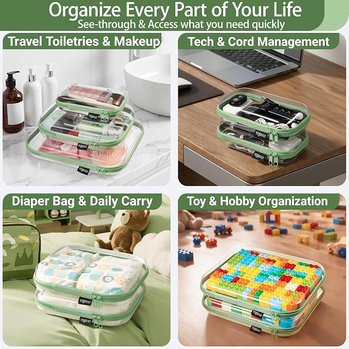 YQBRAO Clear Hard Shell Organizer Cases, 3-Pack, Green | Large, medium & small rigid PET organizers for home, travel, crafts and everyday organization