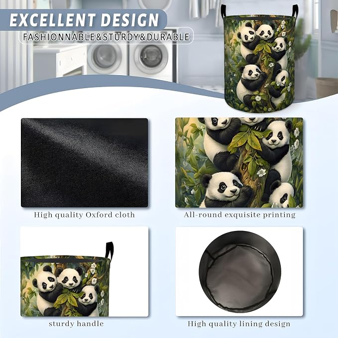 Cute Panda Laundry Basket, Black White Forest Animal Storage Hamper, Round Collapsible Waterproof Cloth Bin, 19.7x15.7 Inch Soft Clothes Organizer Gifts for Bathroom Decor