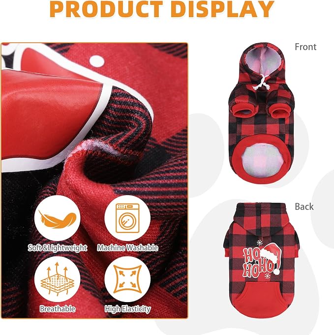 KOOLTAIL Christmas Dog Hoodie, Red Plaid Pet Sweater, Hat Hooded Sweatshirt Dog Clothes for Small Medium Large Dogs Boys Girls, Soft Warm Winter Cold Weather Coat with Leash Hole&Pocket, Santa, XL