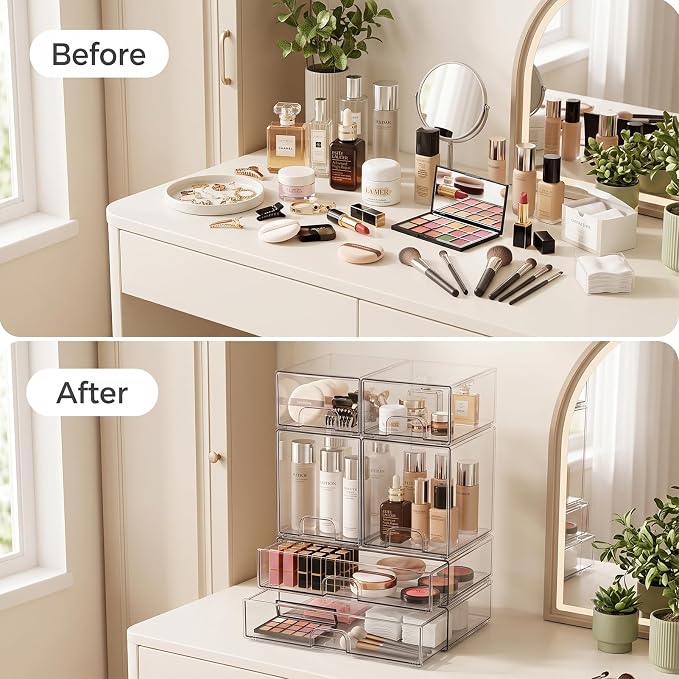 Clear Stackable Storage Drawers: Acrylic Organizer Bins 6 Pack | for Baby Bottle makeup Ideal for Countertop, Vanity, Station, Bathroom, Kichen Cabinet Pantry Organization