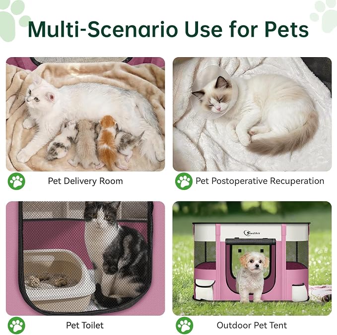 Siedihit 28" Dog Playpen,Cat Puppy Pen, Pet Portable Crate Indoor Outdoor | Durable Travel Camping Use,Foldable Dog Kennel Tent Cage for Rabbit Small Animals with Carrying Case(Pink, Small)