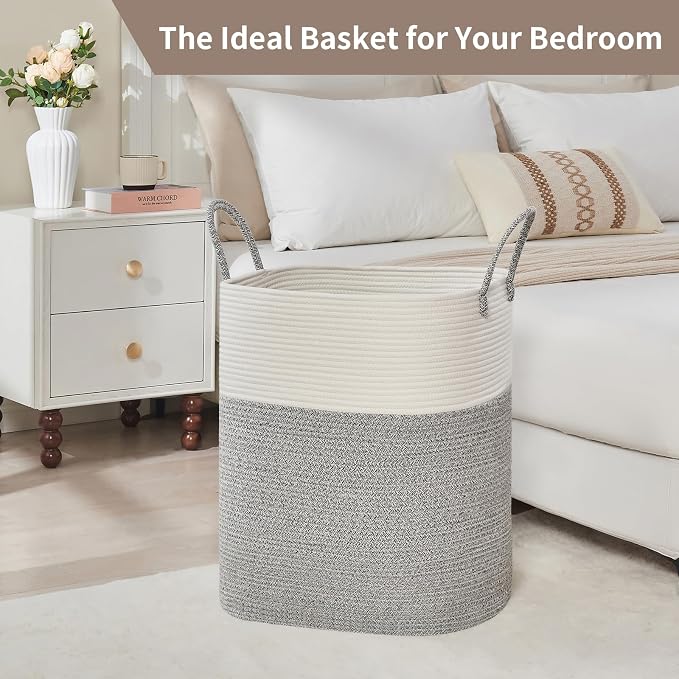 AINUOQI Laundry Basket with Handles - Blanket Basket & Hampers for Bedroom Aesthetic, Laundry Hamper & Blanket Storage for Living Room, Clothes Hamper, Tall,Large 21.7" x 16.9" x 11.8”, Light Grey