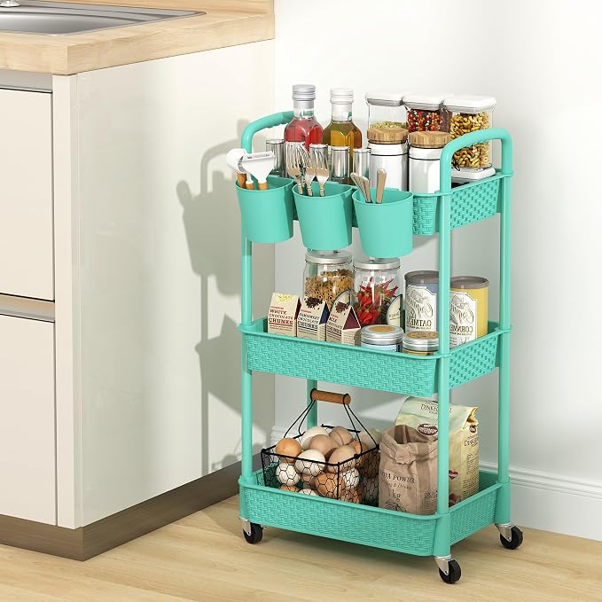 MOYIPIN 3-Tier Plastic Rolling Utility Cart with Handle,Turquoise | Utility Storage Cart for Office, Living Room, Kitchen,Movable Storage Organizer，Easy installation，Rattan-like art design