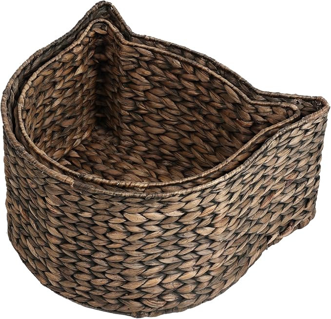 BSK4001B-2SET Feliz Cat-Shaped Hand Woven Water Hyacinth Nesting Pet Toy Organizer Baskets, Cay Storage Box for Living Room, Brown (Set of 2)