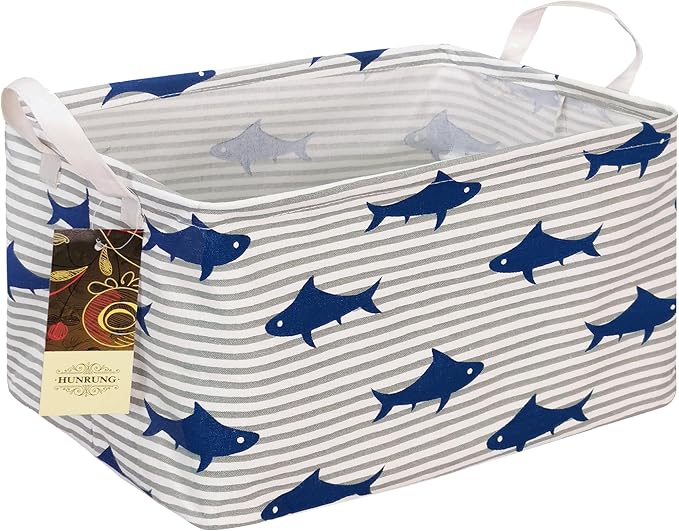 Rectangle Foldable Storage Basket Handles For Home, Shark | Waterproof canvas material, reinforced handles, perfect for shelf use, organizes clothes, daily items and pet supplies