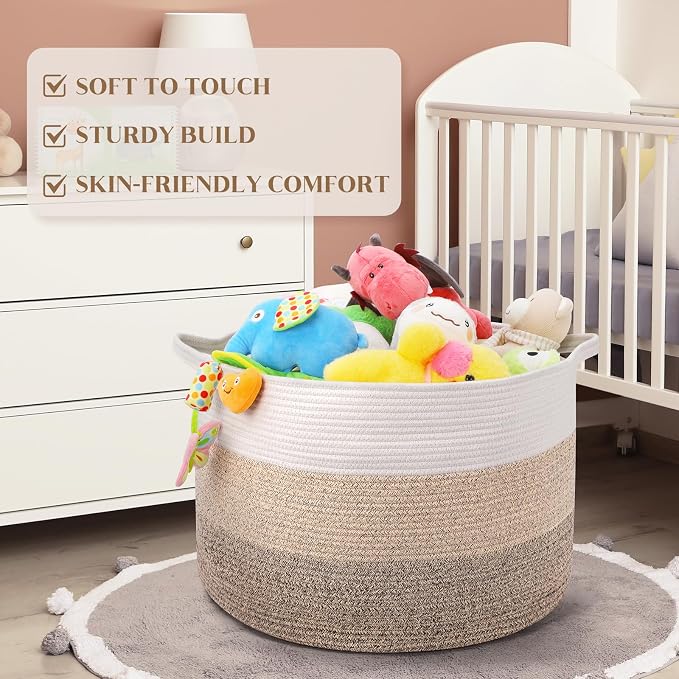 Maliton Woven Rope Blanket Basket Living Room, Storage Toy Basket, 90L | 22"x22"x14" Cotton Rope Basket for blankets, towels & laundry. In Bedroom, Nursery, Bath & Playroom. Soft & durable.