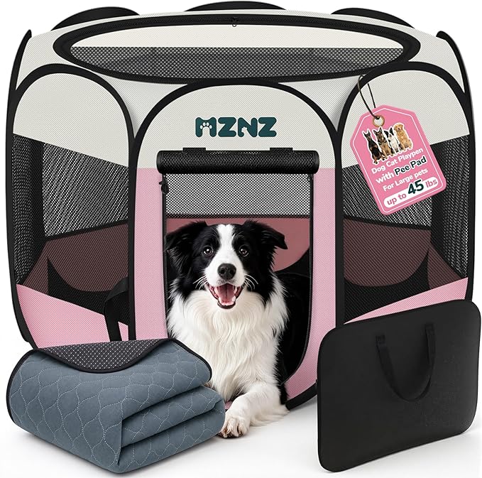Dog Cat Small Animal Puppy Playpen Crate with Pee Pad, Large, Pink | Portable Pop Up Pet Cage Enclosure Tent Kennel Indoor Outdoor with Carrying Case, No Assembly, Camping Use