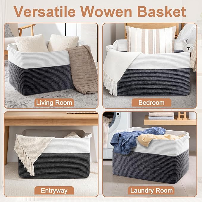 105L Large Blanket Storage Basket with Handles - White & Black | Extra-large 25"x16"x16". Soft cotton, foldable, washable.Holds blankets, pillows clothes for living room, bedroom, dorm.