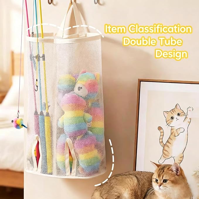 15.16" Cat Wand Toy Holder Organizer Storage Bag - Special Bottom Opening Design, Pet Kitten Stick Doy Toy Mesh Pockets for Cat Feather Teaser Toys Wall Hanging Basket Box Bin (Beige, Double)