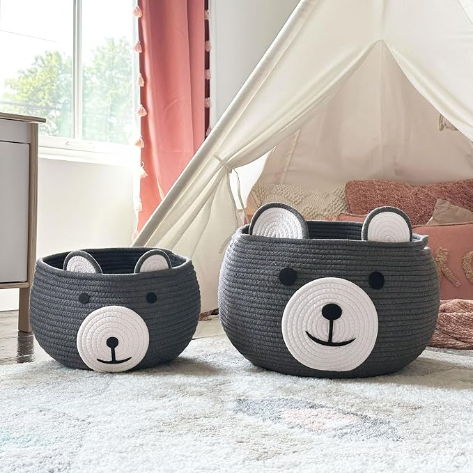 CherryNow Baby Basket for Gifts Empty, Cute Bear Design, Grey | 10.5" x 8.5" Woven Rope Baby Shower Basket, Fits Living Room Nursery Decor, Gift Baskets Empey for Kids Boys