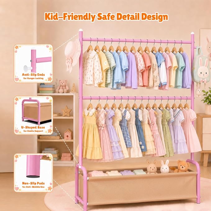 Kids Clothing Rack with Double Rod Height Adjustable Kids Clothes Rack Pink | Storage Basket & Hooks, Height Adjustable Kids Clothes Rack, Portable Baby Dress Up Garment Rack for Princess Dresses