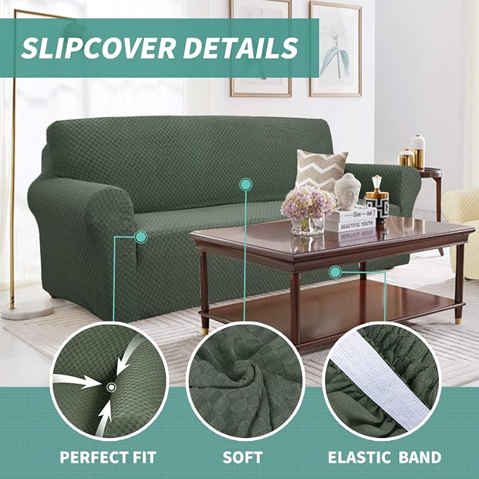 YEMYHOM Couch Cover Latest Jacquard Design High Stretch Sofa Covers for 3 Cushion Couch, Pet Dog Cat Proof Slipcover Non Slip Magic Elastic Furniture Protector (Large, Army Green)