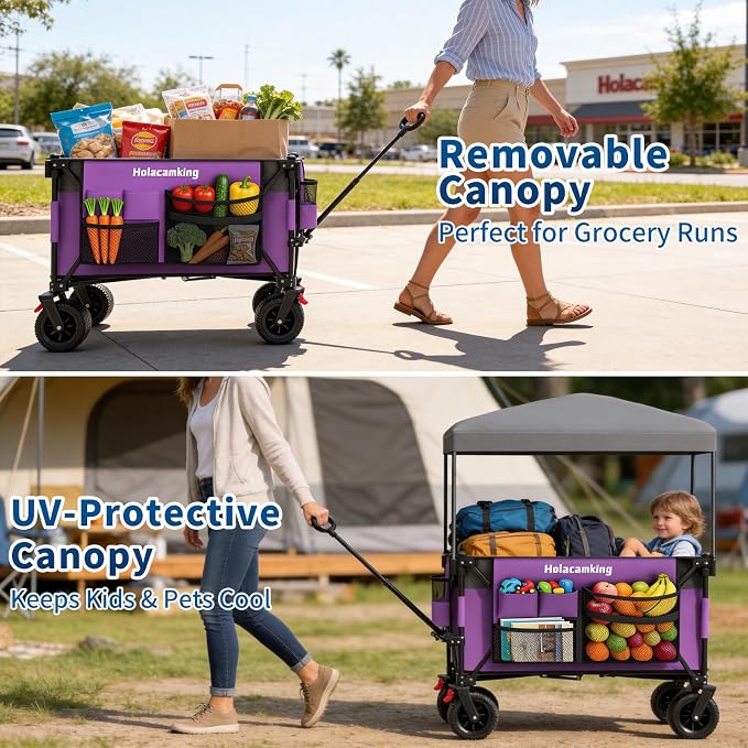 Collapsible Canopy Wagon Cart, Heavy Duty Utility Wagon with Removable Sun Cover, All-Terrain Big Wheels, Dual Brakes, Extra Large Grocery Cart for Beach Camping Sports Tailgates (Purple)