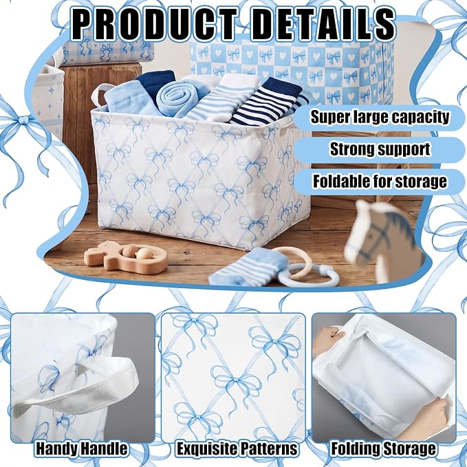 4pcs 4 Pcs Blue Bow Storage Basket for Gifts Collapsible Girls Coqutte Blue Storage Bins with Handle Cute Preppy Foldable Laundry Organizer for Home Bathroom Bedrooms Baby Clothes Toys Books
