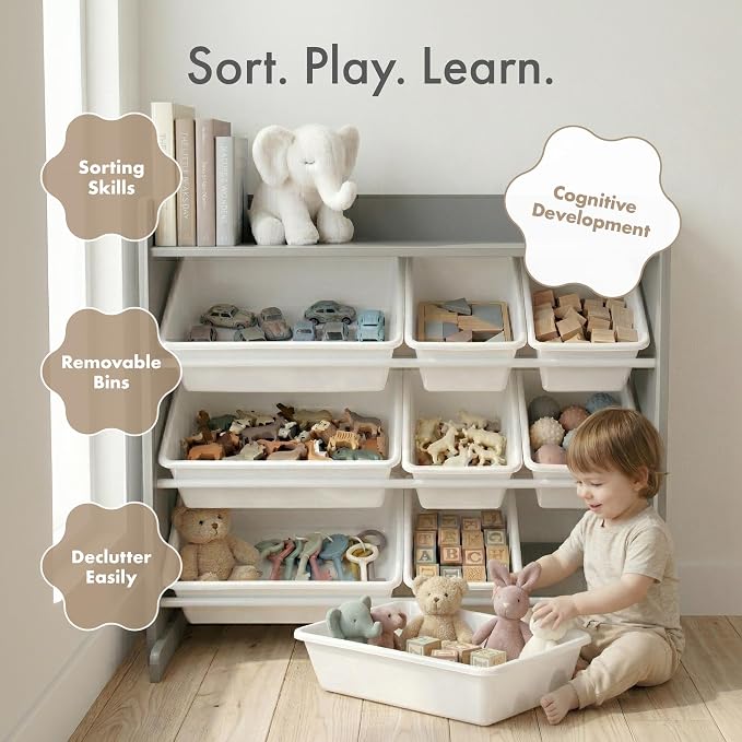 Humble Crew Kids Toy Organizer with Display Shelf, 9 Bins, 3 Tier Storage | Sturdy wood and steel toddler shelf, removable BPA-free containers, wall anchor anti-tip safety kit for bedroom or classroom