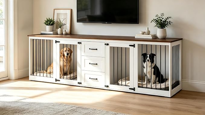 92.8" Furniture Style Dog Crate, Double Dog Crate Furniture | 3 Storage Drawers, Dog Kennel Indoor, for Med-Large Dogs, Farmhouse Dog Crate TV Stand with Divider, White Brown