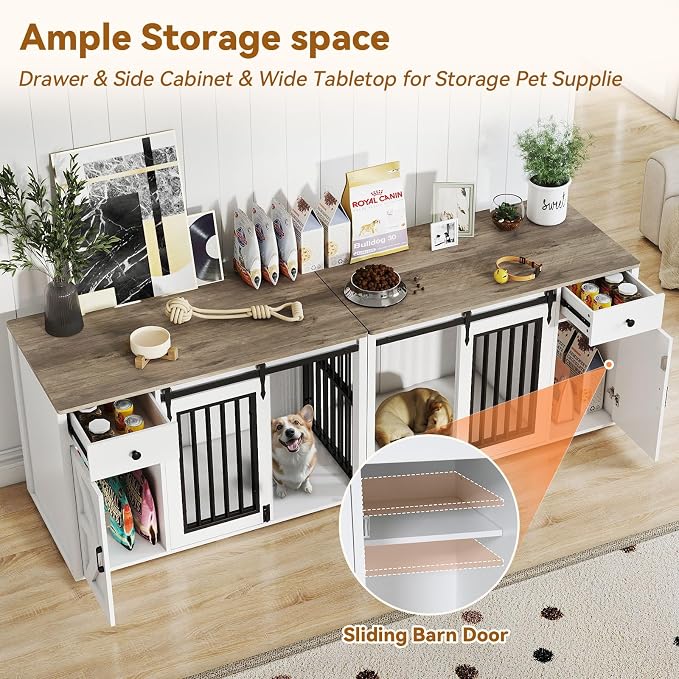 Verano Garden 88" Dog Crate Furniture, Dog Kennel Cage, White (88") | 2-in-1, Lockable, Decorative, Sliding Door, Removable Divider, Adjustable Shelf, Farmhouse, Heavy Duty, Small Medium Dogs