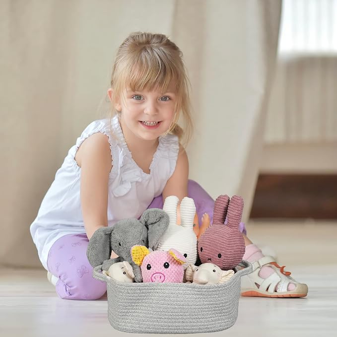 XUANGUO Medium Woven Cotton Rope Storage Basket with Handles, Light Grey | Small decorative rectangle storage bin for baby nursery items and cat toys; ideal as an empty gift basket or dog toy basket