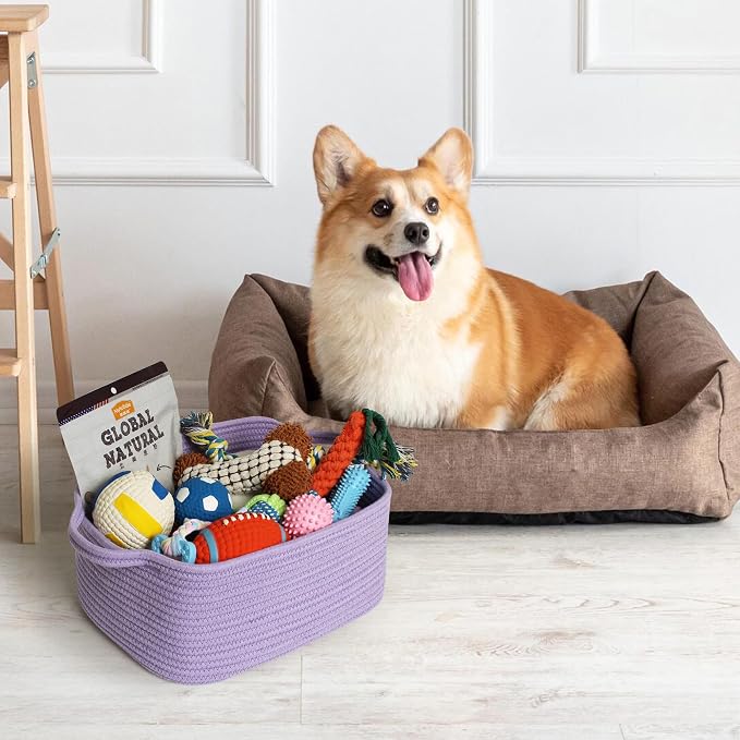 MEGASKET Purple Woven Basket, 13.5” x 10” x 6” Purple Empty Gift Basket to Fill, Decorative Cotton Rope Storage Bin for Organizing, Cute Baby Nursery Organizer, Rectangle Dog Toy Bin, Room Decor