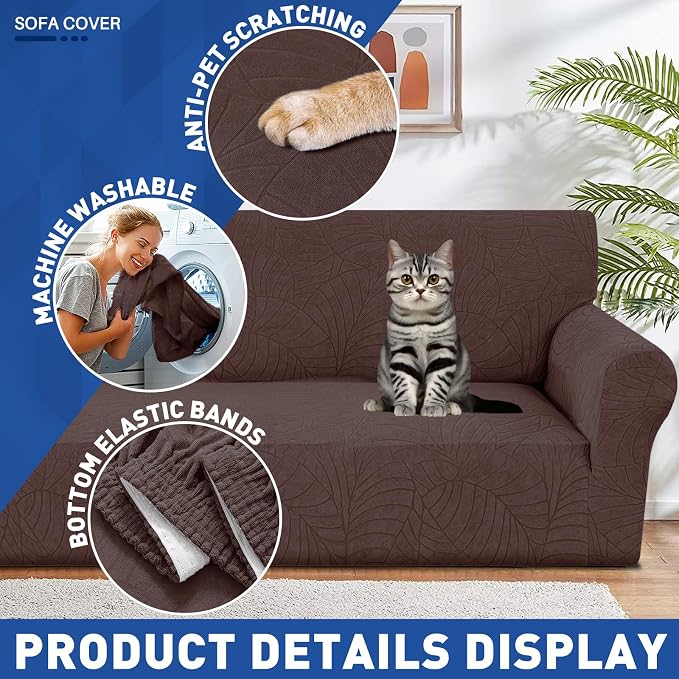 YEMYHOM Couch Cover Latest Jacquard Design High Stretch Sofa Chair Covers for Living Room, Pet Dog Cat Proof Armchair Slipcover Non Slip Magic Elastic Furniture Protector (Small, Begonia Leaf Coffee)