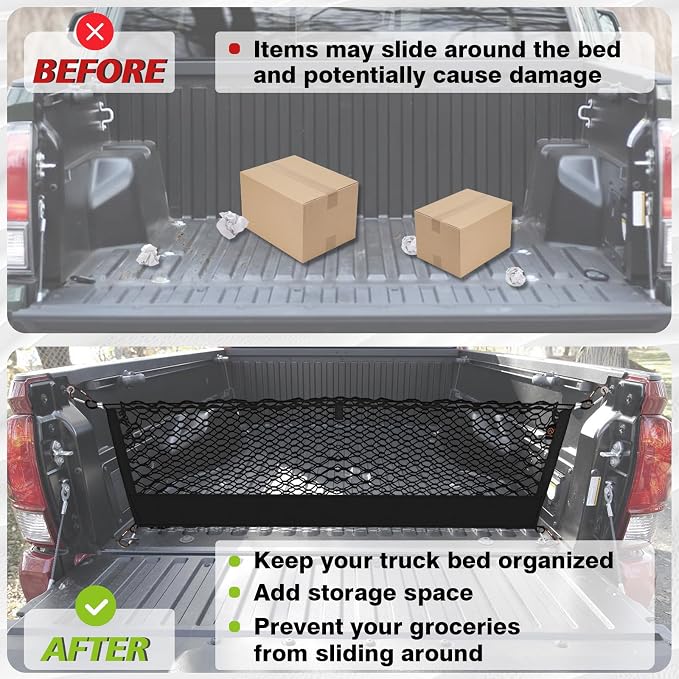 Muslogy Cargo Net for Toyota Tacoma 2005-2022 2023 Accessories | Custom Fit, Truck Bed Storage Organizer Net for Pickup Truck Bed Divider, Heavy Duty Carabiners, Night Visible Grab Handle